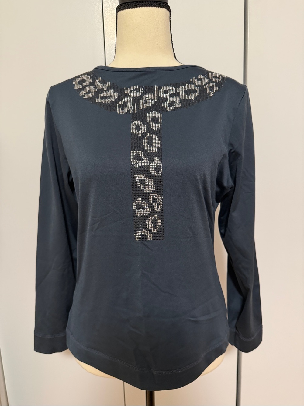 Women’s Navy Long-Sleeve Top with Embellished Leopard Accent